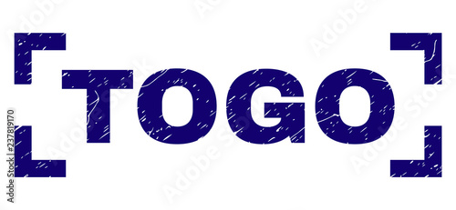 TOGO text seal print with distress style. Text label is placed inside corners. Blue vector rubber print of TOGO with dirty texture.