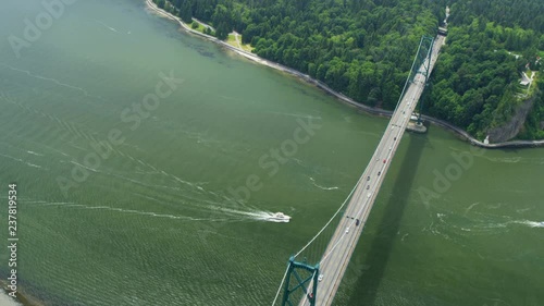 Aerial view Ironworkers Memorial Bridge Trans Canada Highway constructed at the Second Narrows of Burrard Inlet BC Canada  photo