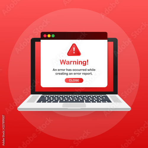 Modern warning pop up with flat design on red background. Vector illustration.