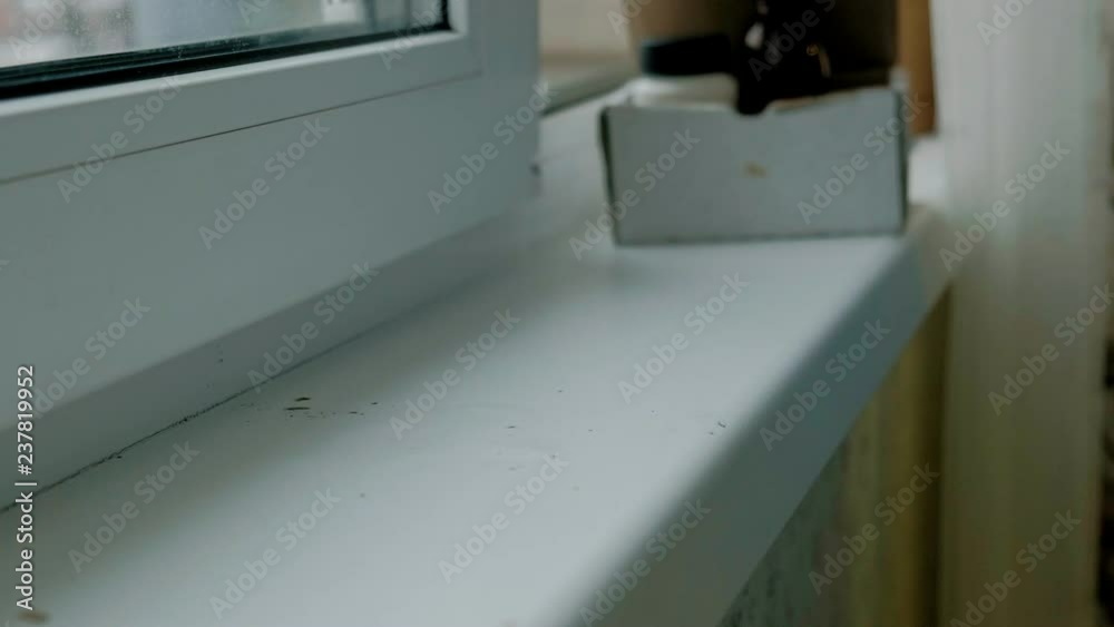 a man in rubber gloves restores a window sill, applies paste to damaged areas with a spatula a man in rubber gloves restores a window sill, applies paste to damaged areas with a spatula