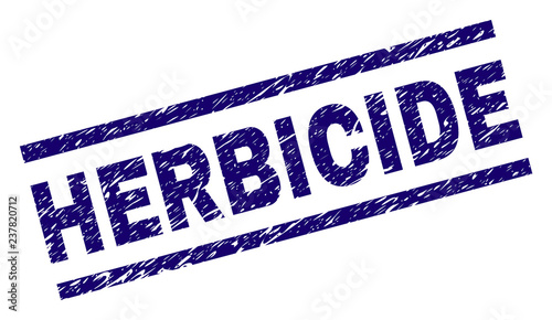 HERBICIDE seal imprint with distress style. Blue vector rubber print of HERBICIDE label with retro texture. Text label is placed between parallel lines.