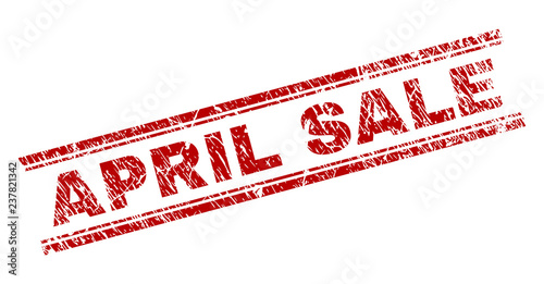 APRIL SALE seal print with corroded texture. Red vector rubber print of APRIL SALE label with dirty texture. Text label is placed between double parallel lines.