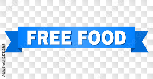 FREE FOOD text on a ribbon. Designed with white caption and blue stripe. Vector banner with FREE FOOD tag on a transparent background.