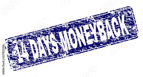 14 DAYS MONEYBACK stamp seal print with grunge style. Seal shape is a rounded rectangle with frame. Blue vector rubber print of 14 DAYS MONEYBACK text with unclean style.