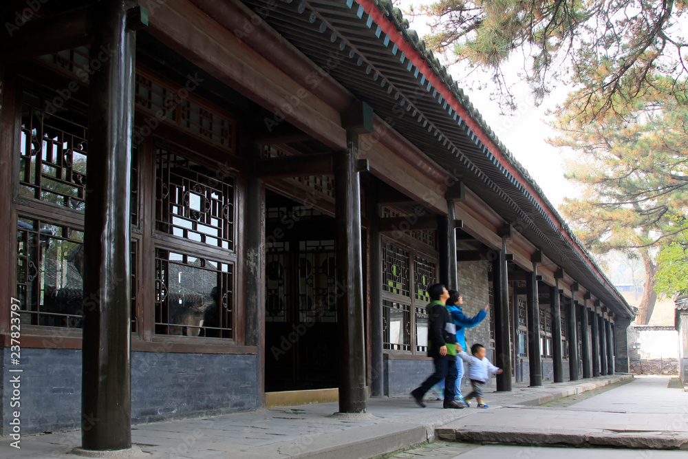Chinese traditional style wooden windows lattice and column