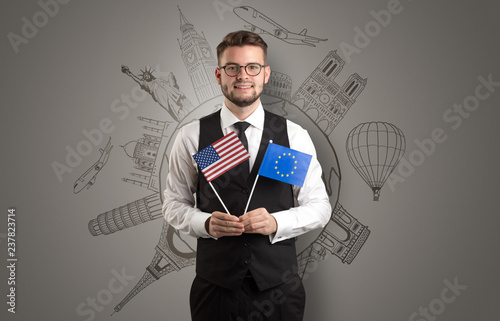 Elegant man with sightseeing concept on the background  and flag on his hand