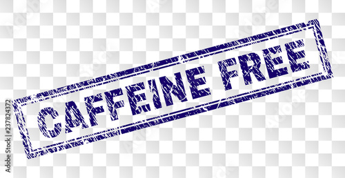CAFFEINE FREE stamp seal watermark with rubber print style and double framed rectangle shape. Stamp is placed on a transparent background.