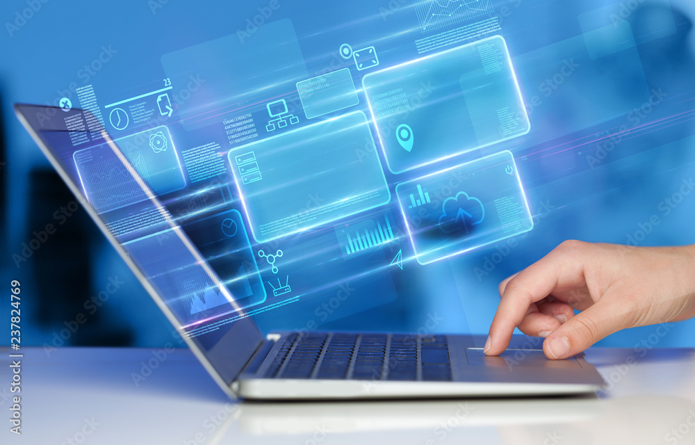 Hand using laptop with database reports and online work concept
Hand using laptop with database reports and online work concept