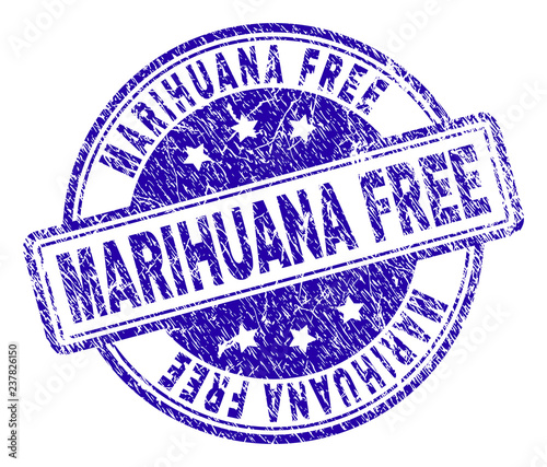 MARIHUANA FREE stamp seal watermark with distress texture. Designed with rounded rectangles and circles. Blue vector rubber print of MARIHUANA FREE caption with dust texture.