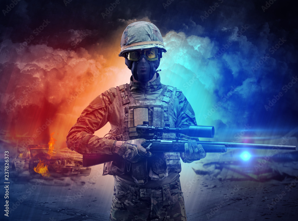 Armed soldier with sniper in the middle of a dust storm
Armed soldier with sniper in the middle of a dust storm