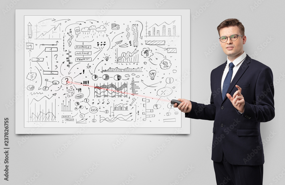 Professor with laser pointer teaching business theories Professor with laser pointer teaching business theories