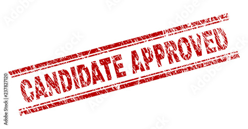 CANDIDATE APPROVED seal watermark with corroded texture. Red vector rubber print of CANDIDATE APPROVED tag with unclean texture. Text tag is placed between double parallel lines.
