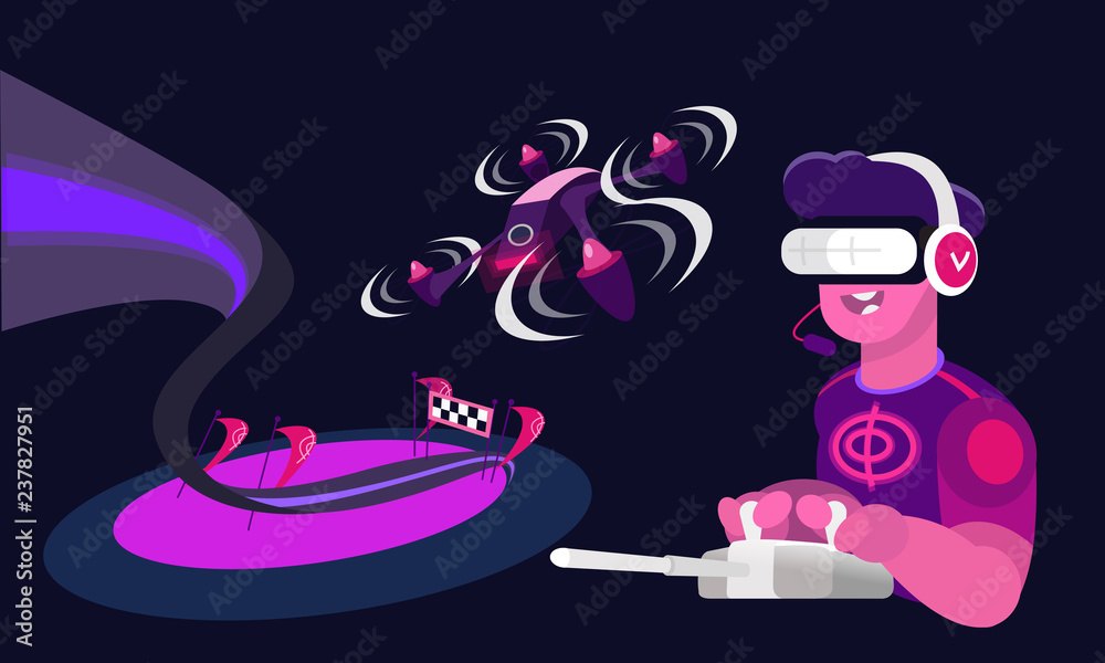 Drone racing. Man controlling flying drone. Pilot wearing VR headset  virtual reality glasses launching quadcopter. Track for a sports event  quadrocopter race. Sports drone is flying fast ahead. Flat Stock Vector