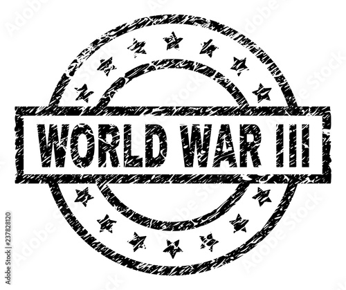 WORLD WAR III stamp seal watermark with distress style. Designed with rectangle, circles and stars. Black vector rubber print of WORLD WAR III caption with unclean texture.