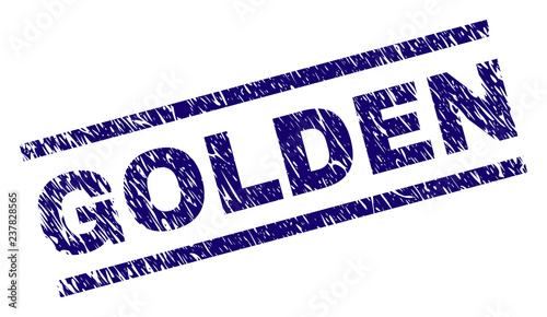 GOLDEN seal print with distress style. Blue vector rubber print of GOLDEN caption with dirty texture. Text title is placed between parallel lines.