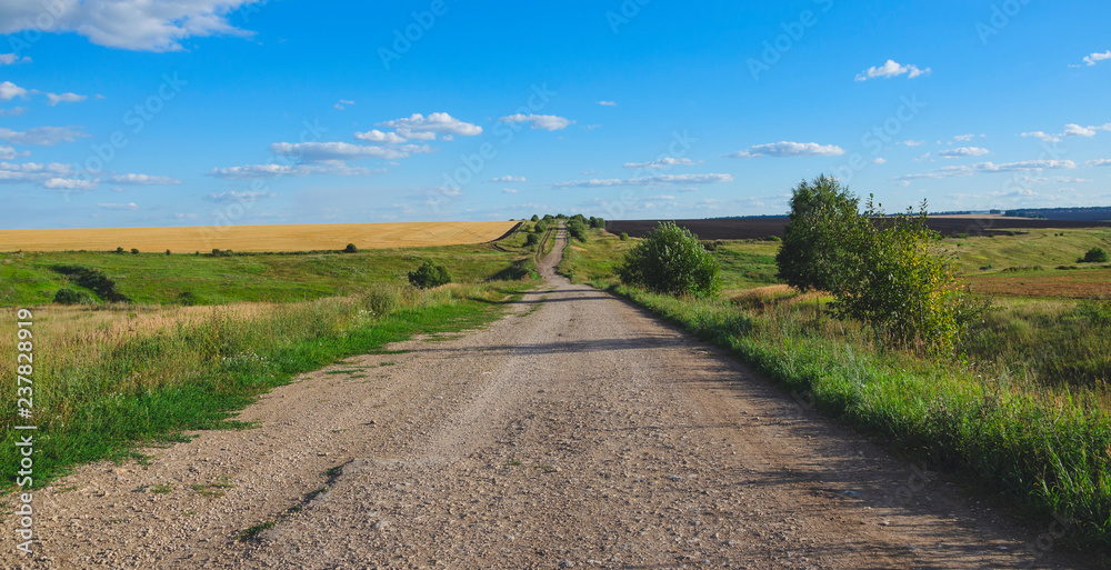 Summertime.Ground country road.Beautiful panoramic view of green meadows,hills,golden wheat fields and distant woods at sunset.Beautiful clouds in blue sky.Summer country landscape.
