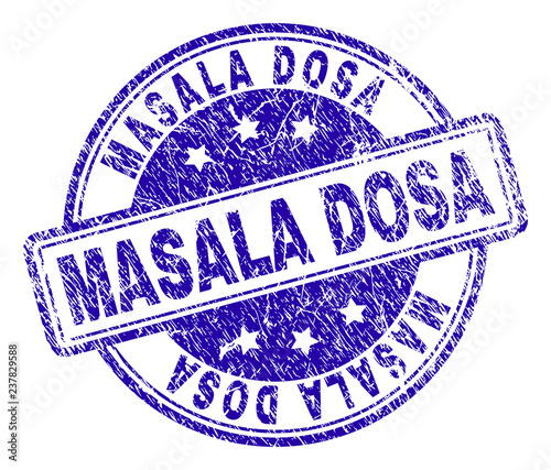 MASALA DOSA stamp seal imprint with grunge texture. Designed with rounded rectangles and circles. Blue vector rubber print of MASALA DOSA caption with dust texture.