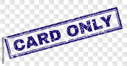 CARD ONLY stamp seal imprint with rubber print style and double framed rectangle shape. Stamp is placed on a transparent background. Blue vector rubber print of CARD ONLY label with unclean texture.