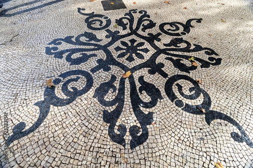 A variety of patterns of paving slabs on the pedestrian zones of Lisbon. Portugal in Autumn