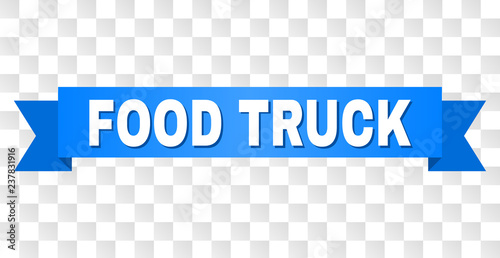 FOOD TRUCK text on a ribbon. Designed with white title and blue stripe. Vector banner with FOOD TRUCK tag on a transparent background.
