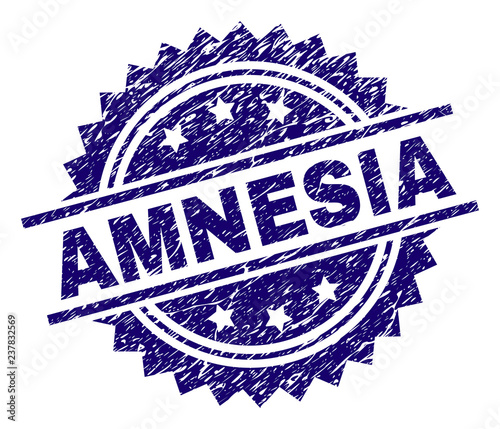 AMNESIA stamp seal watermark with distress style. Blue vector rubber print of AMNESIA label with dust texture.