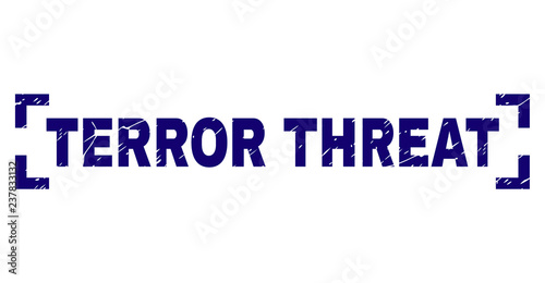 TERROR THREAT text seal print with grunge texture. Text tag is placed inside corners. Blue vector rubber print of TERROR THREAT with dirty texture.