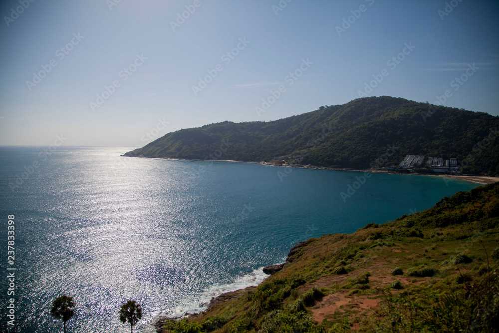 beautiful view of the rocks and the sandy beach from a height. phuket thailand