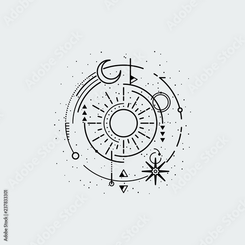 Vintage illustration of thin line sun of sacred.