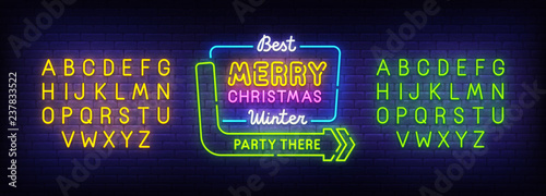 Merry Christmas neon sign, bright signboard, light banner. Christmas and Happy New Year logo. Neon sign creator. Neon text edit. Vector illustration