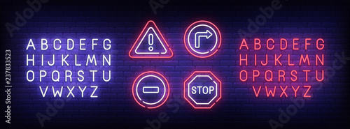 Road neon sign, bright signboard, light banner. Warning sing. Neon sign creator. Neon text edit. Design template. Vector illustration