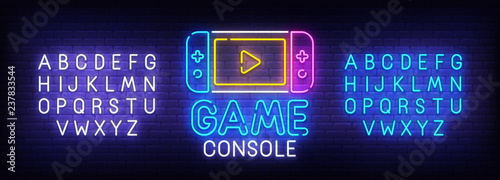 Game console neon sign, bright signboard, light banner. Game logo. Neon sign creator. Neon text edit. Design template. Vector illustration