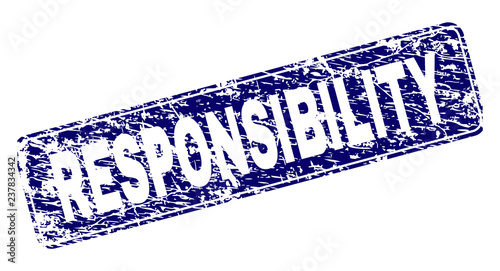 RESPONSIBILITY stamp seal print with distress style. Seal shape is a rounded rectangle with frame. Blue vector rubber print of RESPONSIBILITY label with unclean style.