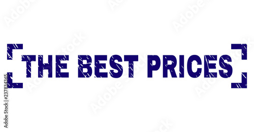 THE BEST PRICES text seal watermark with corroded texture. Text tag is placed inside corners. Blue vector rubber print of THE BEST PRICES with corroded texture.