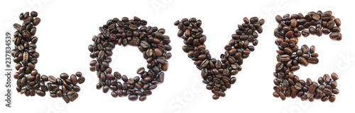 word made of coffee beans isolated on white. love
