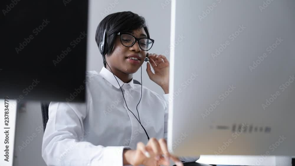 Customer Support. Afro-American Woman Working In Call Center