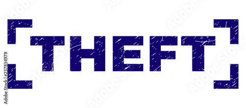 THEFT text seal watermark with corroded texture. Text label is placed between corners. Blue vector rubber print of THEFT with corroded texture.
