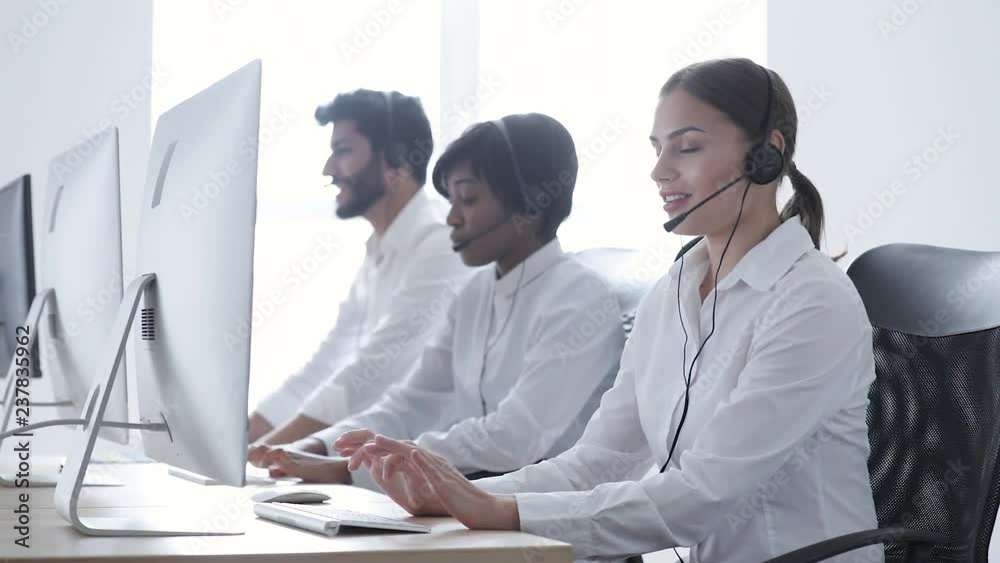 Call Center Sales. Happy Woman Operator After Successful Deal Call Center Sales. Happy Woman Operator After Successful Deal