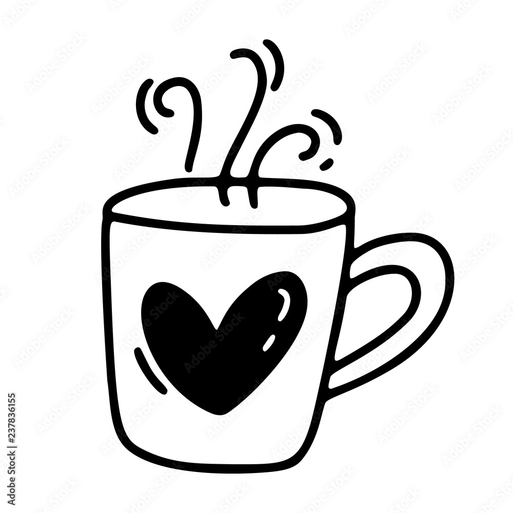 Vector monoline cute cup of coffee with heart. Valentines Day Hand ...