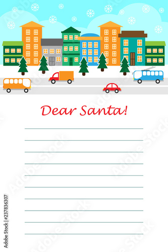 Christmas letter to Santa Claus for children, template layot, fun preschool activity for kids, vector illustration