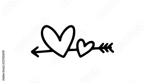 Vector monoline arrow with two hearts. Valentines Day Hand Drawn icon. Holiday sketch doodle Design plant element valentine. love decor for web, wedding and print. Isolated illustration