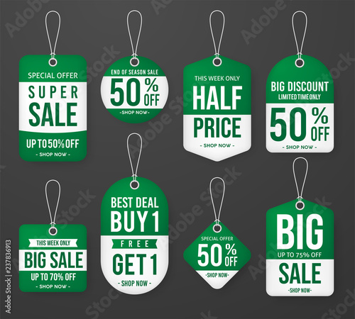 set of promotion price tag label template design with green color vector eps 10, discount, special offer, big sale, best saller, limited edition, super sale, half price.