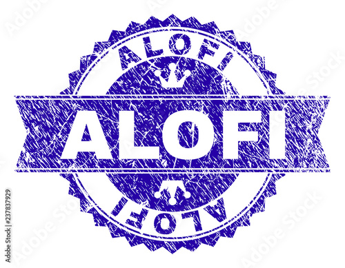 ALOFI rosette stamp watermark with grunge texture. Designed with round rosette, ribbon and small crowns. Blue vector rubber print of ALOFI tag with grunge texture. photo