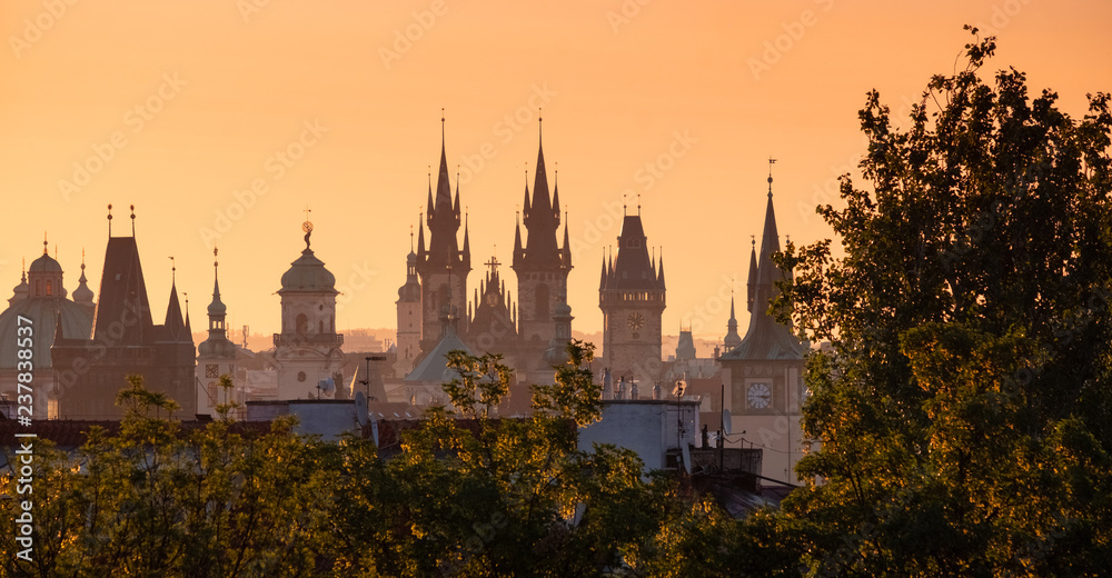 Panoramic view onto towers of Prague