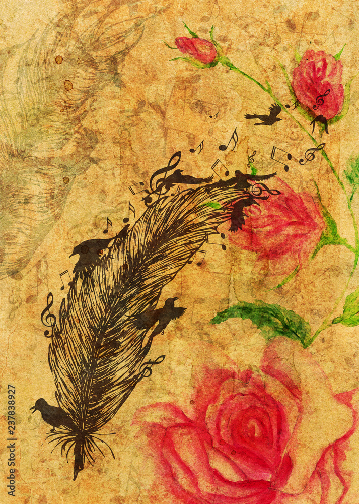 Naklejka premium Roses and feather with birds
