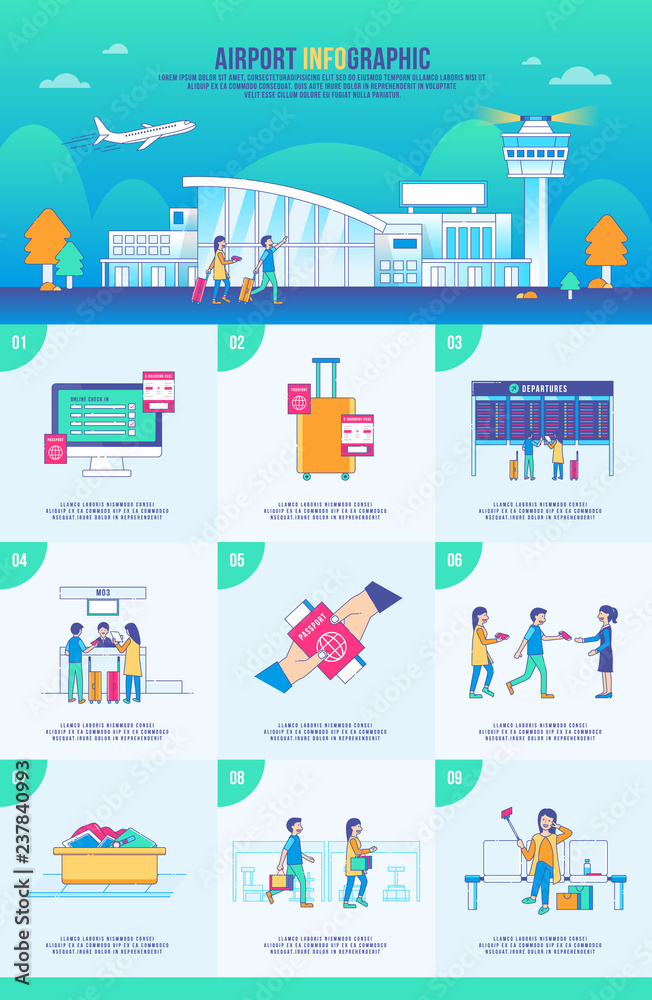 Airport infographic travel vector, design building, icon graphic, transport, background modern, landscape, airplane
