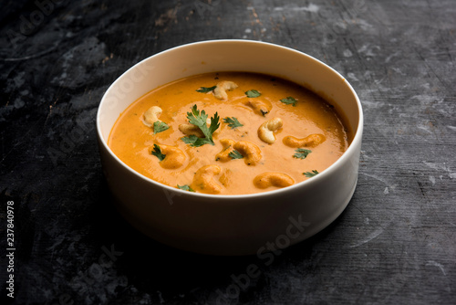 Cashew Curry / Indian kaju masala served in a bowl or pan. selective focus