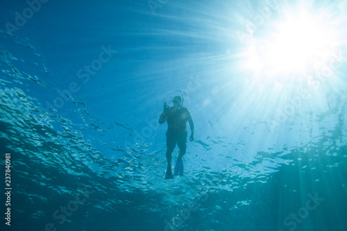 Silhouette of a snorkeler in clear blue Hawaii water from below