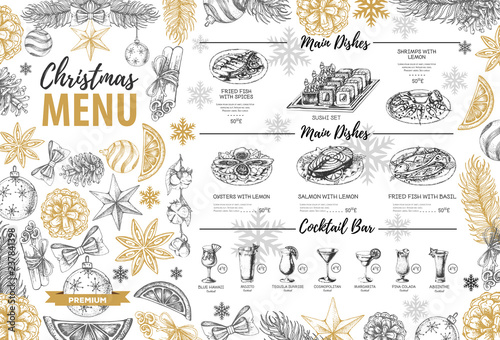 Hand drawing Christmas holiday menu design. Restaurant menu