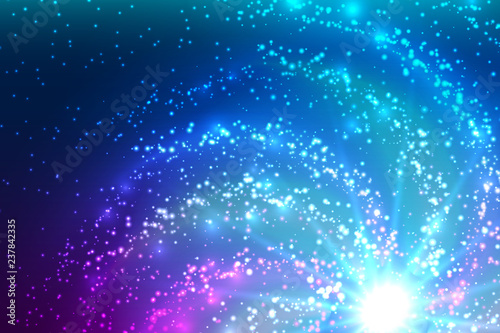 Beautiful abstract vector cosmic wallpaper. Fantasy sprial galaxy concept illustration. Shiny solar system on black background. Glowing star and abstract stardust particles.
