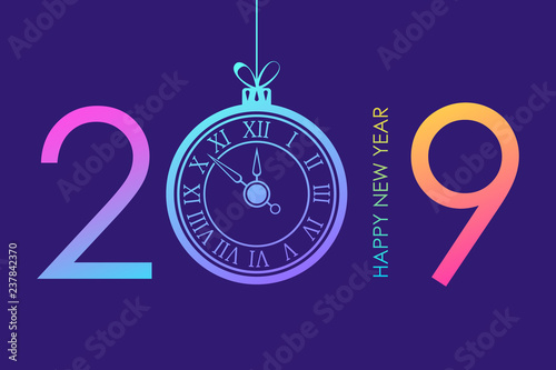 2019 Happy New Year text design with trendy bright neon gradients christmas ball and new year clock. Vector illustration.